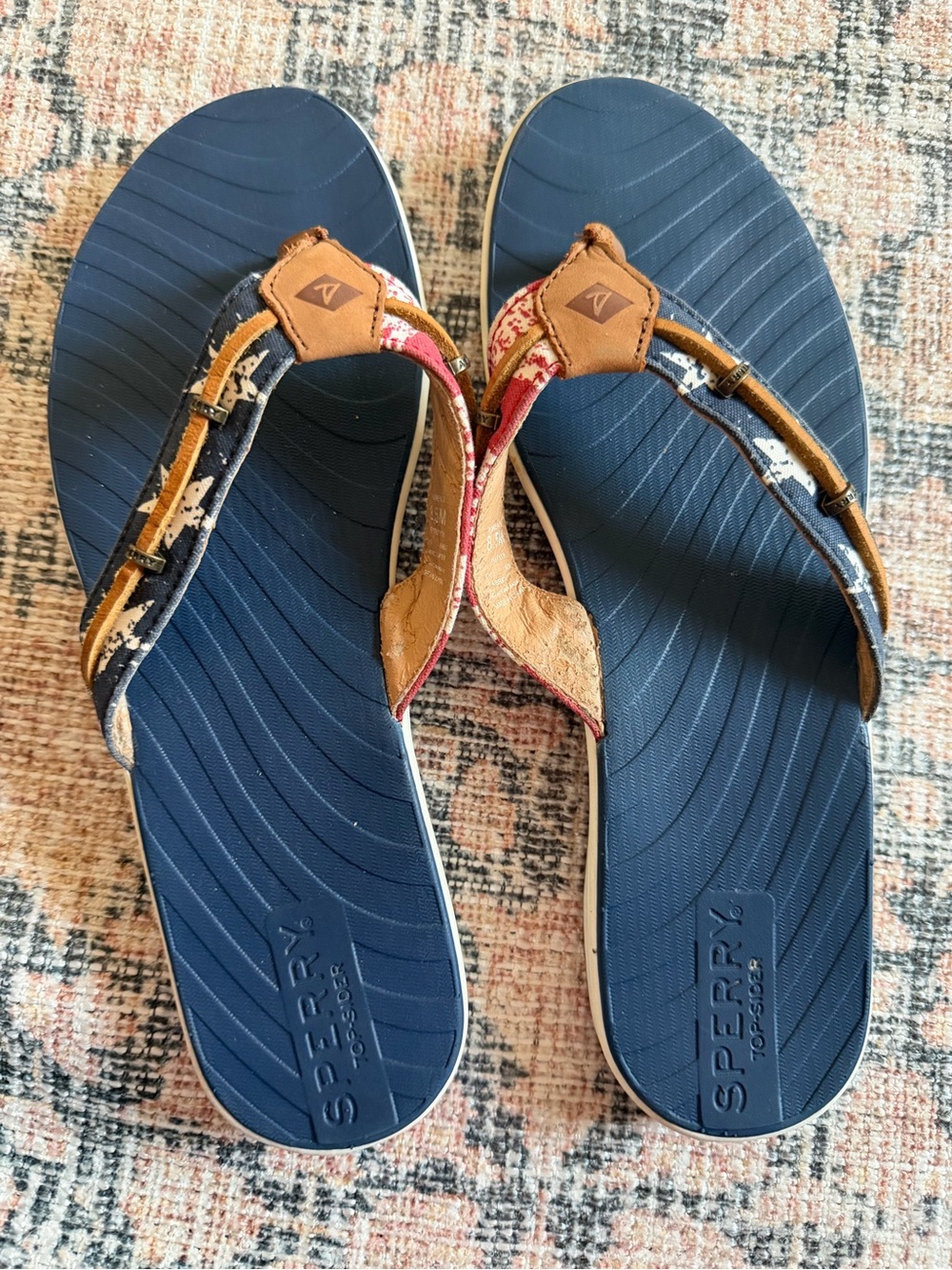 Sperry Navy Footbed Multicolor Patterned Strap Women's Flip Sandals